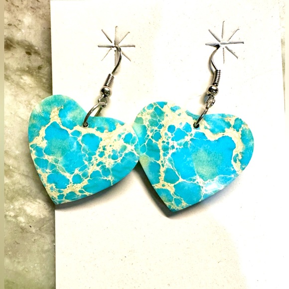 NWT Blue Indigo Genuine Turquoise Slab Heart Earrings - Picture 3 of 7